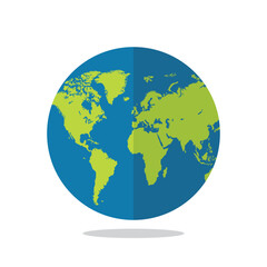 A flat design world map is presented with green continents set against a blue ocean backdrop. The map offers a clear, simplified view of global geography and interconnectedness.