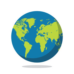 This is a vector image of the world globe showing continents in green and oceans in blue. It is a flat design, illustrated, simple, and colorful graphic of the earth.