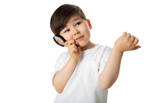 Boy with Magnifying Glass, PNG, isolated on transparent Background