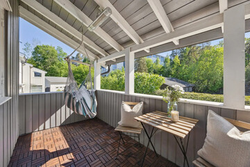 Exterior design of house, home and villa feature swimming pool, garden, terrace and decking, ocean seascape and beautiful sunset