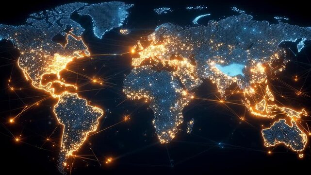 A globe with many lights on it. The lights are in different colors and are spread out all over the globe