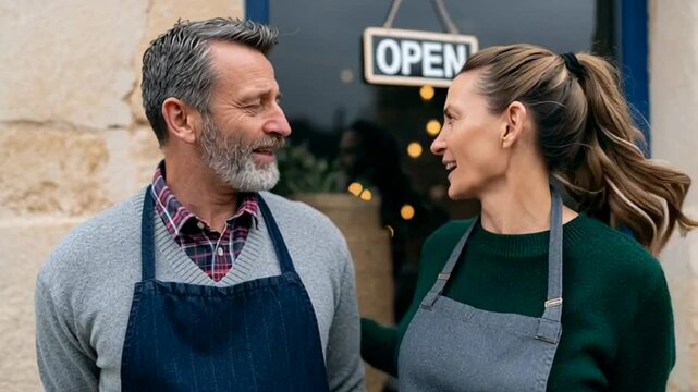 Middle-aged man and woman wearing aprons stand happily outside a shop, showcasing teamwork and entrepreneurship, cozy small business vibe in a bustling neighborhood