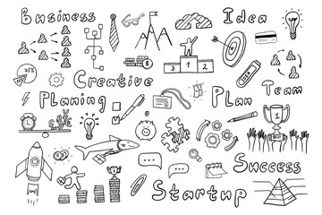 Business elements in doodle style. Success, startup, team, good idea, creative, plan. 