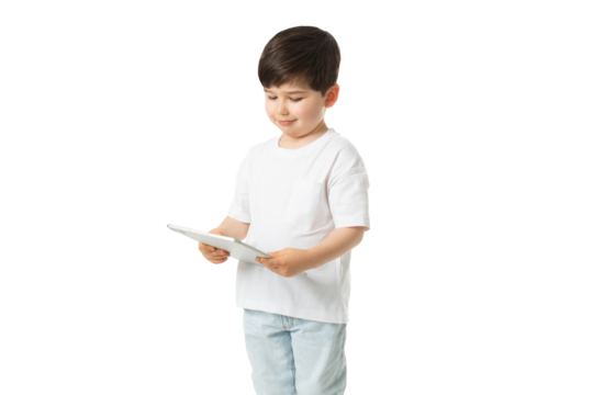 Boy Holding Tablet, PNG, isolated on transparent Background