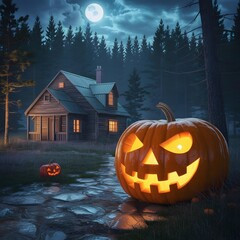 Spooky Halloween Cabin in the Woods at Night