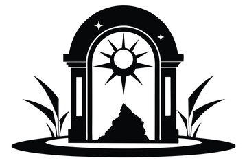 Silhouette Archway with Celestial Sun, Stars, Plants, and Rough Landscape Illustration