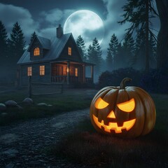 Spooky Halloween Cabin in the Woods at Night