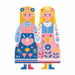 Two cheerful girls in colorful dresses posing for a puzzle design Generative AI