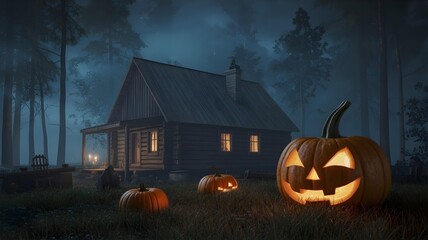 Spooky Halloween Cabin in the Woods at Night