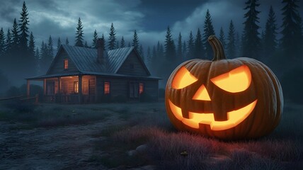 Spooky Halloween Cabin in the Woods at Night