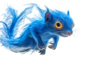 A whimsical blue creature with large eyes, capturing a playful and imaginative essence in mid-flight.