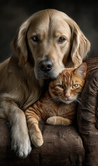 Fototapeta premium Golden retriever cuddling kitten on rustic bench