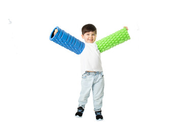 Boy Holding Foam Rollers, PNG, isolated on transparent Background