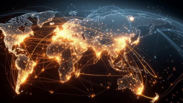 A globe with many lines and dots on it, with the globe being lit up in the dark. The globe is surrounded by a black background, and the lights on the globe are scattered all over it