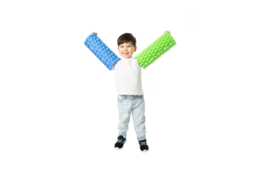 Boy Holding Foam Rollers, PNG, isolated on transparent Background