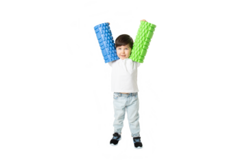 Boy Holding Foam Rollers, PNG, isolated on transparent Background