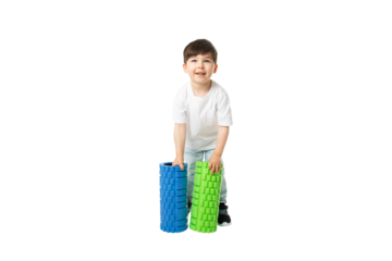 Boy Holding Foam Rollers, PNG, isolated on transparent Background
