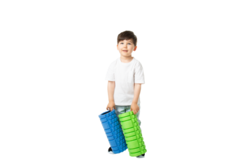 Boy Holding Foam Rollers, PNG, isolated on transparent Background