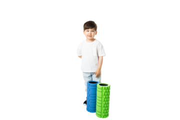 Boy Holding Foam Rollers, PNG, isolated on transparent Background