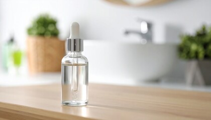 Clear Glass Dropper Bottle Displayed on Wooden Counter in Bright Bathroom