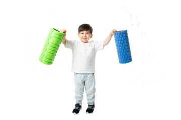 Boy Holding Foam Rollers, PNG, isolated on transparent Background
