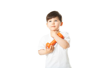 Boy with Orange Dumbbell, PNG, isolated on transparent Background
