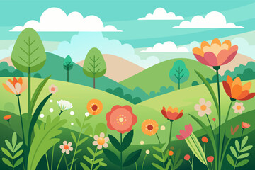 Obraz premium A colorful landscape illustration of a spring or summer meadow with flowers, grass, and butterflies under a sunny sky