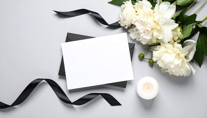 White peonies with condolence card, and grey.