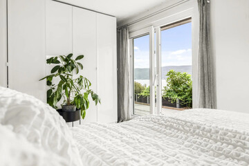 Modern luxury bedroom interior in minimal scandinavian style, 3d render