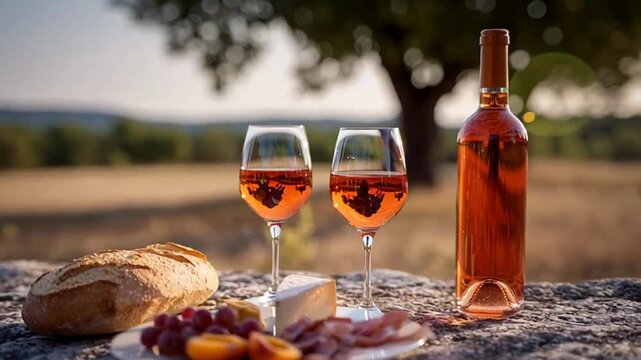 Outdoor picnic setting, rustic charm with wine and bread, summer vibes with vineyard landscape, perfect for casual gatherings or romantic moments, harvest season ambiance