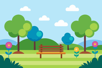 A cartoon illustration of a sunny summer landscape with green hills, fluffy clouds, and trees under a blue sky