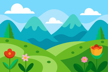 Obraz premium Mountain landscape with blue sky, green grass, and colorful flowers under a bright sun