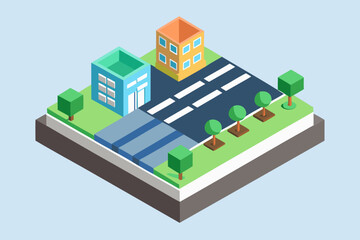 Isometric city with buildings, houses, and streets, a vector illustration of a modern urban plan