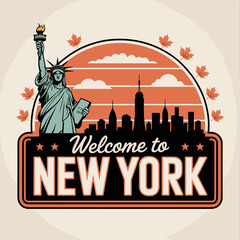 Retro Welcome to New York Sign with Statue of Liberty and Skyline