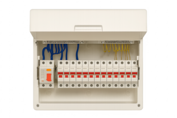 White open electrical panel showing circuit breakers and wires on transparent background