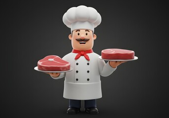 Cheerful 3D rendered cook presenting premium quality raw sirloin and filet mignon steaks for a gourmet barbecue meal