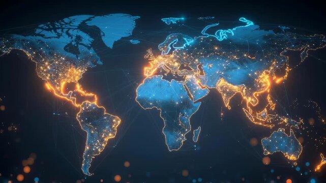 A globe with a blue background and orange and yellow lights on it. The globe is lit up and the colors are bright and vibrant - Powered by Adobe