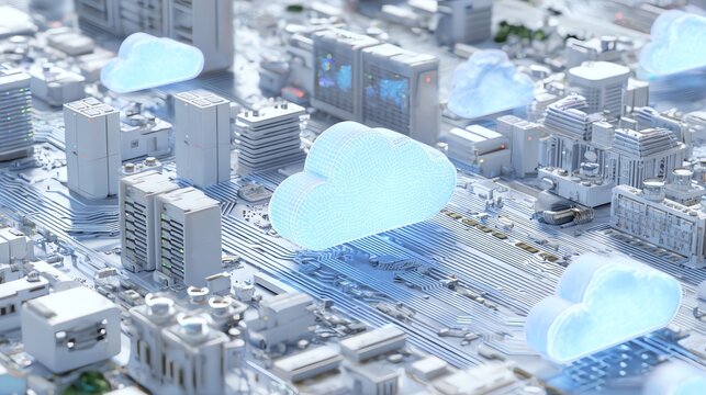 A futuristic cityscape rendered in a cool, monochromatic palette depicts interconnected buildings and glowing cloud formations, symbolizing digital infrastructure and data flow within a network.