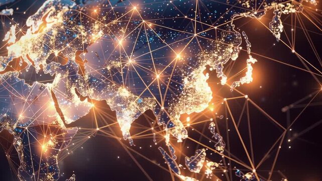 A globe with a network of lines connecting it. The globe is lit up with a variety of colors, giving it a futuristic and technological feel