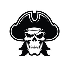Intimidating pirate skull emblem with a classic tricorn hat and eye patch, embodying adventure and danger in a striking monochrome illustration perfect for themed designs