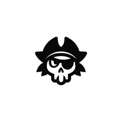 Stylized black and white illustration featuring a pirate skull emblem with an eye patch and classic buccaneer hat, perfect for adventurous themes and distinctive branding