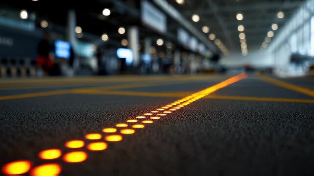 Artistic medium shot of illuminated pacing strips aligned on an indoor track crisp in focus while the surrounding area remains out of focus illustrating advanced technology