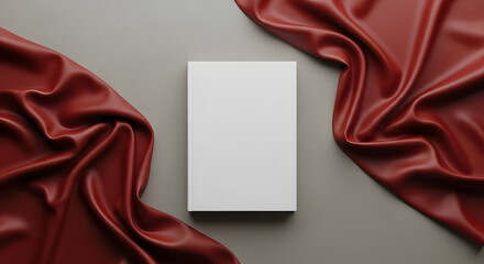 A blank white book cover is centered on a gray surface, framed by draped, luxurious red fabric on either side.