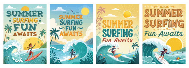 Colorful summer surfing illustrations featuring vibrant waves and fun-filled scenes.