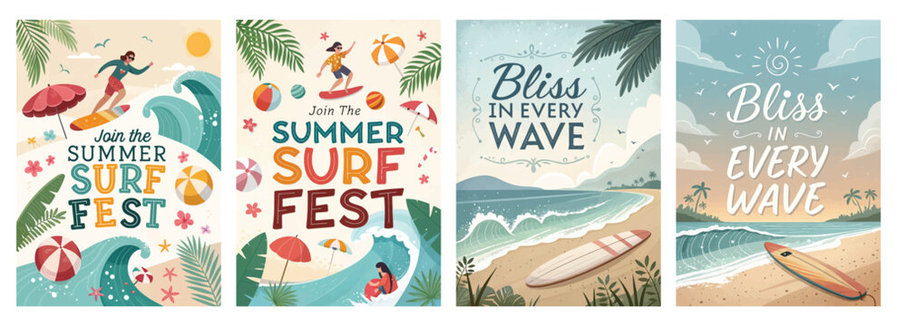 Colorful summer surf fest illustrations featuring surfing, beach scenes, and playful summer themes.
