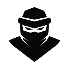 Minimalist black silhouette of a masked ninja warrior's head, representing stealth, mystery, and combat readiness, ideal for modern design concepts © Nasima