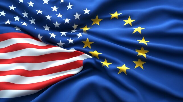 A Close Up Display of the USA Waving Flag Overlaid with the EU Symbol Representing Partnership