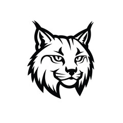 Fierce bobcat head mascot logo in a bold black and white vector illustration style, representing a wildcat's strength and agility for a sports team emblem.