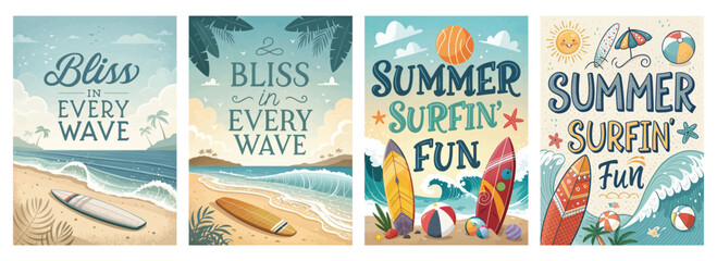 Colorful summer beach graphics featuring surfboards, waves, and playful text in a vibrant palette.