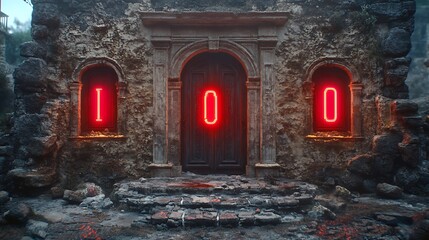 Old stone building facade with glowing letters.